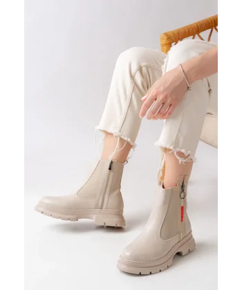 ASM-086 Bej Fashion Aksesuarlı Fermuarlı Günlük Kadın Bot