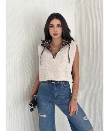 Astarlı kapşonlu kuzu yelek beyaz t1243