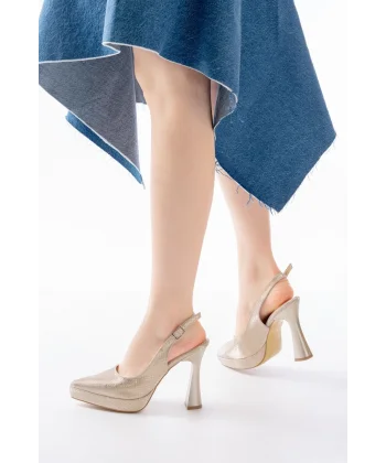 B-2101 Gold Günlük Arkası Açık Yılan Desenli Topuklu Bayan Ayakkabı