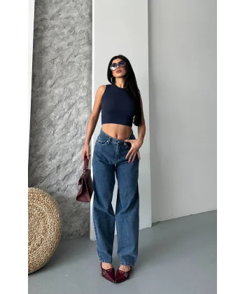 Baggy kar yıkama jeans pantolon koyu mavi d2007