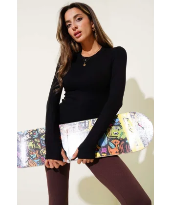 Basic Parmak Geçirme Detaylı Bluz siyah T4266