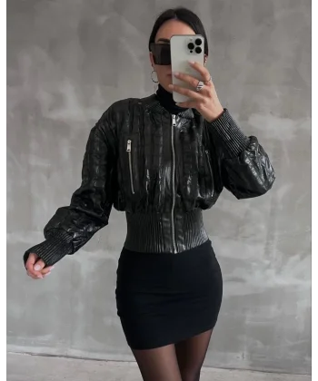 Beli büzgülü crop deri ceket siyah