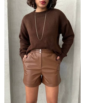 Beli lastikli çıtçıtlı deri şort kahve w241007