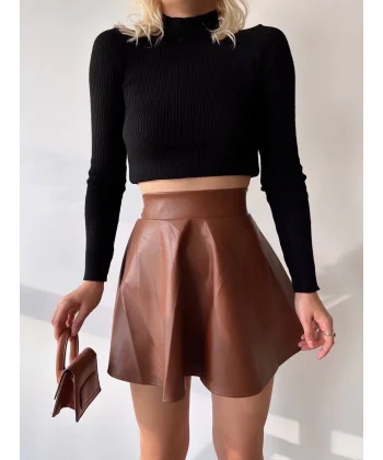 Beli lastikli deri etek kahve s24599