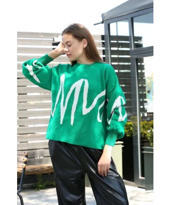 Beyaz çizgili bisiklet yaka kazak yeşil