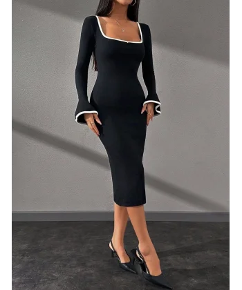 Biyeli midi boy elbise siyah A3718