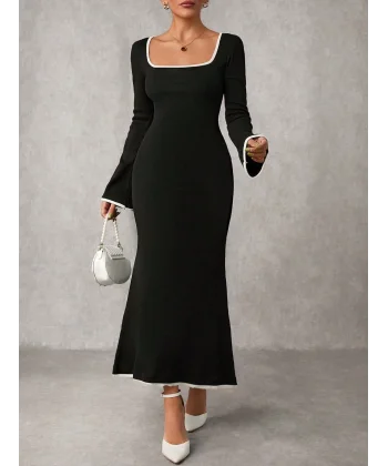 Biyeli uzun elbise siyah