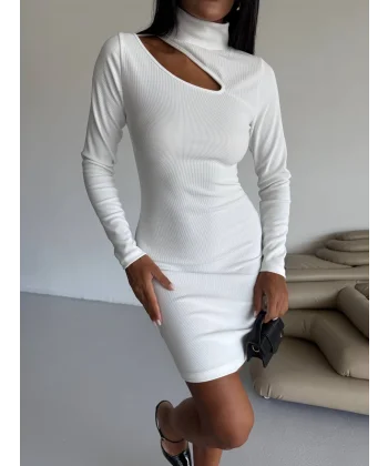 Boğazlı gögüs dekolteli elbise beyaz f2333