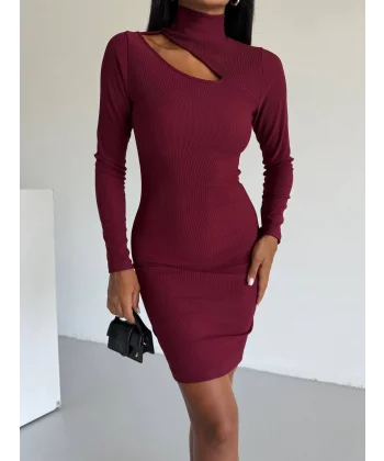 Boğazlı gögüs dekolteli elbise bordo f2333