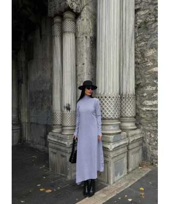 Boğazlı kalın bürümcük uzun elbise gri