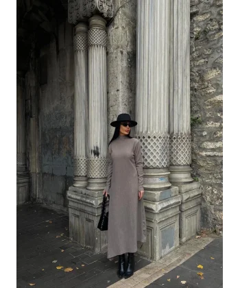 Boğazlı kalın bürümcük uzun elbise vizon