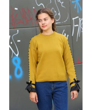 Boncuklu bile detaylı kazak hardal