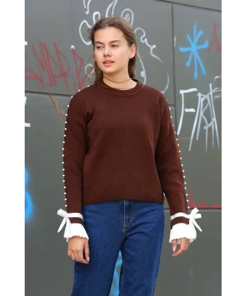 Boncuklu bile detaylı kazak kahve