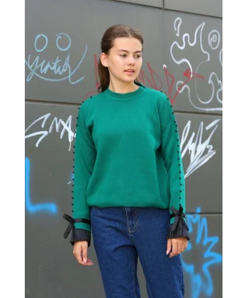 Boncuklu bile detaylı kazak petrol yeşili