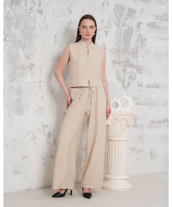Broşlu yelek pantolon takım bej s255821