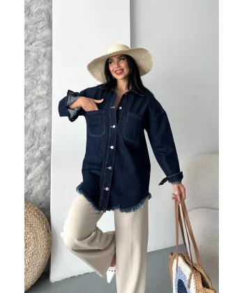 Cepli püsküllü kar yıkama kot ceket koyu mavi d2515