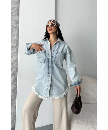 Cepli püsküllü kar yıkama kot ceket mavi d2515