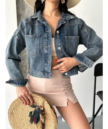 Çift cepli kol katlamalı kar yıkama crop kot ceket kahve tint d2000