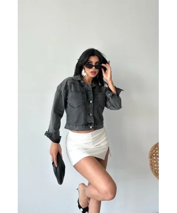 Çift cepli kol katlamalı süper taş enzim yıkama crop kot ceket füme d2000