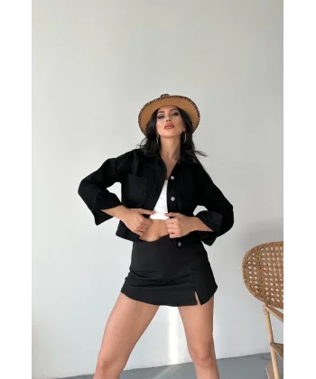 Çift cepli kol katlamalı süper taş enzim yıkamalı crop kot ceket siyah d2000