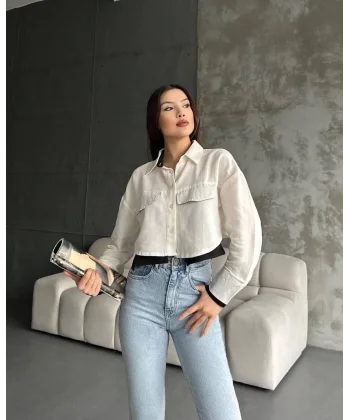 Çift renkli kısa gömlek krem s4021