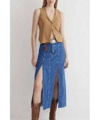 Çift yırtmaçlı jean etek s140