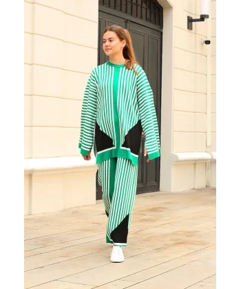 Çizgili bisiklet yaka triko takım Yeşil