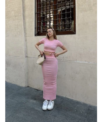 Çizgili etekli takım pembe s3609