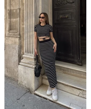 Çizgili etekli takım siyah s3609