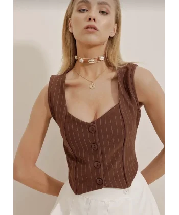 Çizgili krep düğmeli yelek kahve s3395