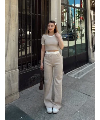 Crop pantolon biyeli takım bej
