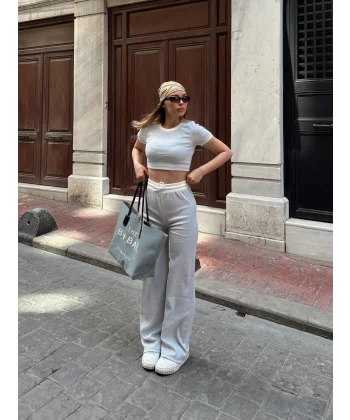 Crop pantolon biyeli takım gri