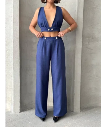 Crop pantolon keten takım s255012