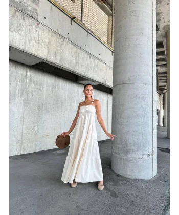 Dantelli askılı keten elbise s4310