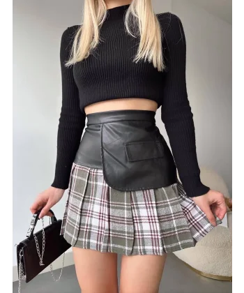 Deri garnili cepli ekose etek siyah s24604