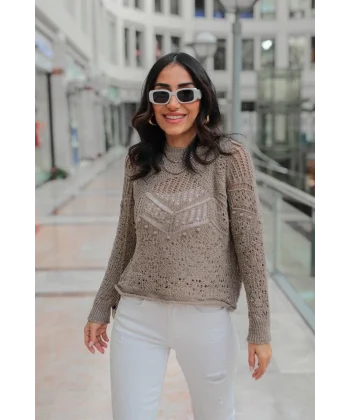 Desenli triko kazak gri