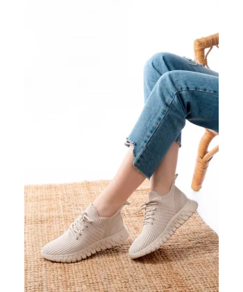 DM-501 Bej Bağcıklı Failon Taban Günlük Spor Ayakkabı