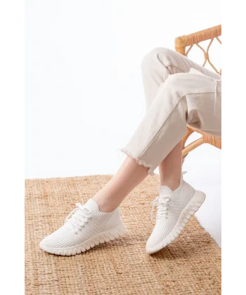 DM-501 Beyaz Bağcıklı Failon Taban Günlük Spor Ayakkabı