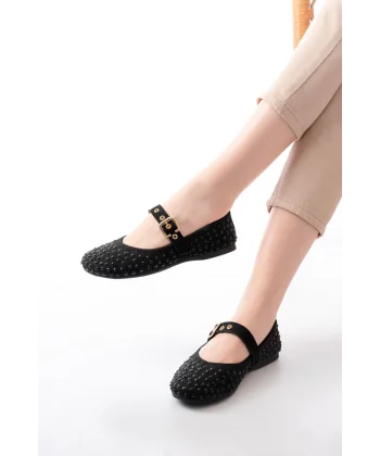 DM-6020 Siyah Troklu Baret Tokalı Günlük Kadın Babet