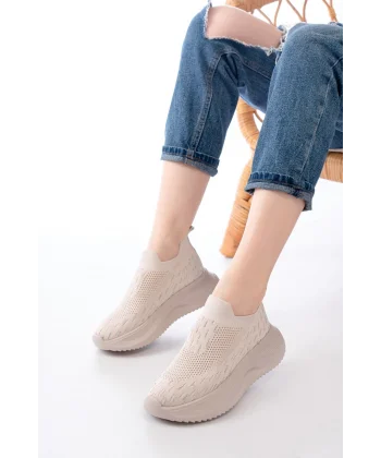 DM-707  Bej Fileli Faillant Taban Taş Aksesuarlı Günlük Spor Ayakkabı