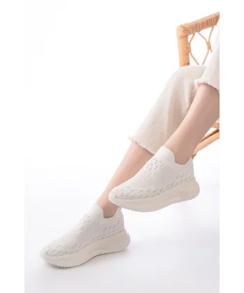 DM-707  Beyaz Fileli Faillant Taban Taş Aksesuarlı Günlük Spor Ayakkabı