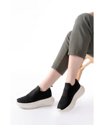 DM-707  Siyah Fileli Beyaz Faillant Taban Taş Aksesuarlı Günlük Spor Ayakkab