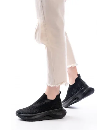 DM-707  Siyah Fileli Faillant Taban Taş Aksesuarlı Günlük Spor Ayakkabı