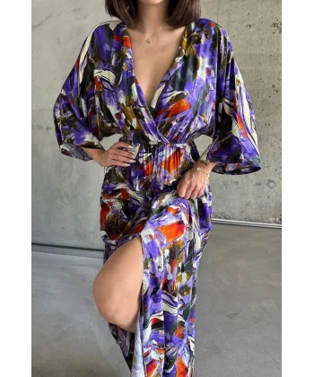 Dokuma baskılı yarasa kol elbise s8124