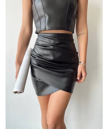 Drapeli deri etek siyah w26771