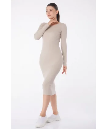 Düz Bisiklet Yaka Kadın Midi Elbise