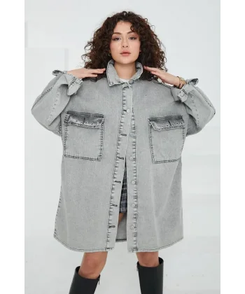 Düz Gömlek Yaka Kadın Gri Kuş Gözü Cepli Kot Ceket