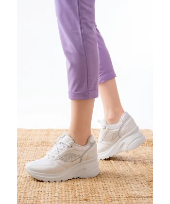 F-185 Beyaz Günlük Bağcıklı Taş Aksesuarlı Yazlık Spor Ayakkabı