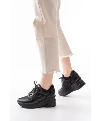 F-185 Siyah Günlük Bağcıklı Taş Aksesuarlı Yazlık Spor Ayakkabı