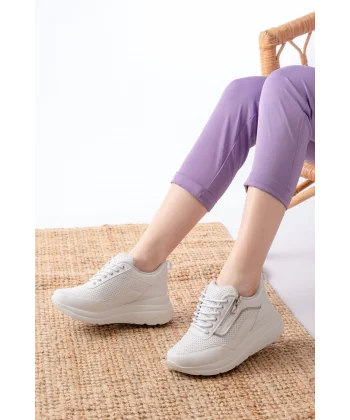 F-207 Beyaz Bağcıklı Fermuarlı Taş Aksesuarlı Mevsimlik Spor Ayakkabı